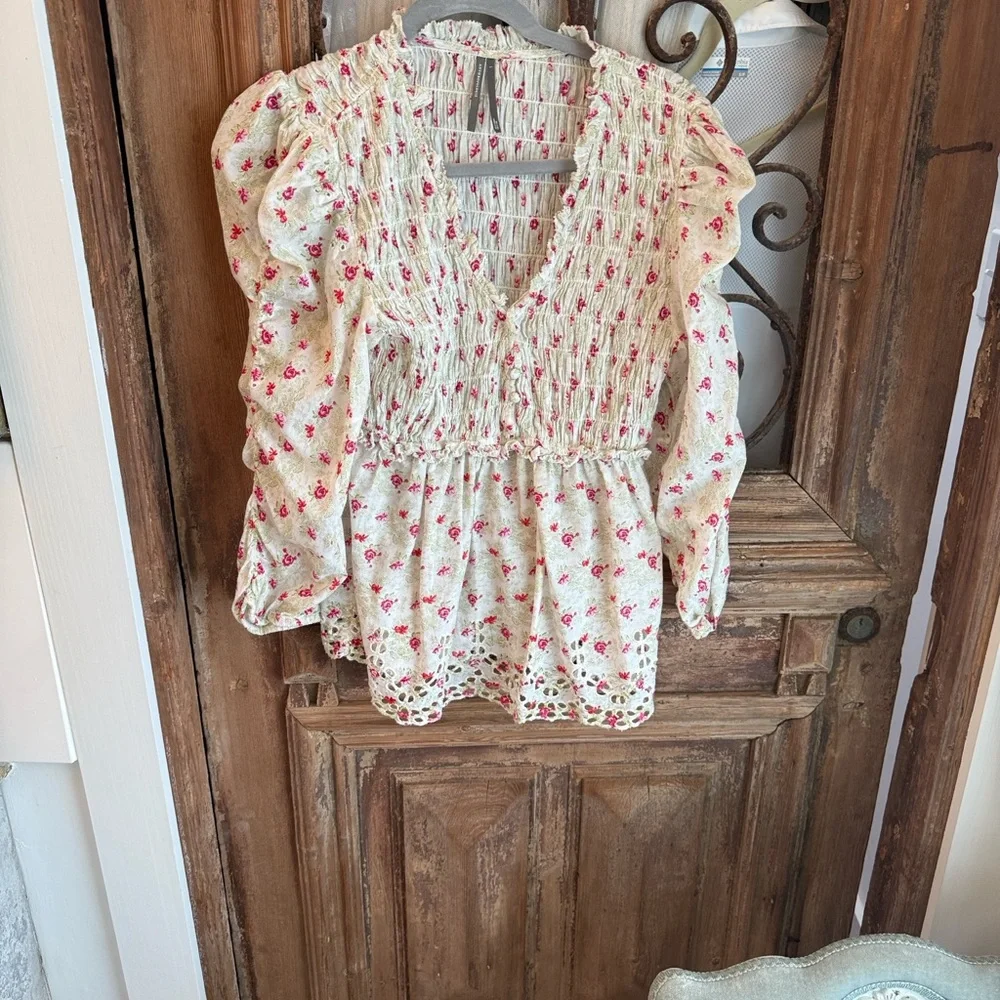Anthropologie Cream Blouse with Pink Rose Print and Smocked Bodice